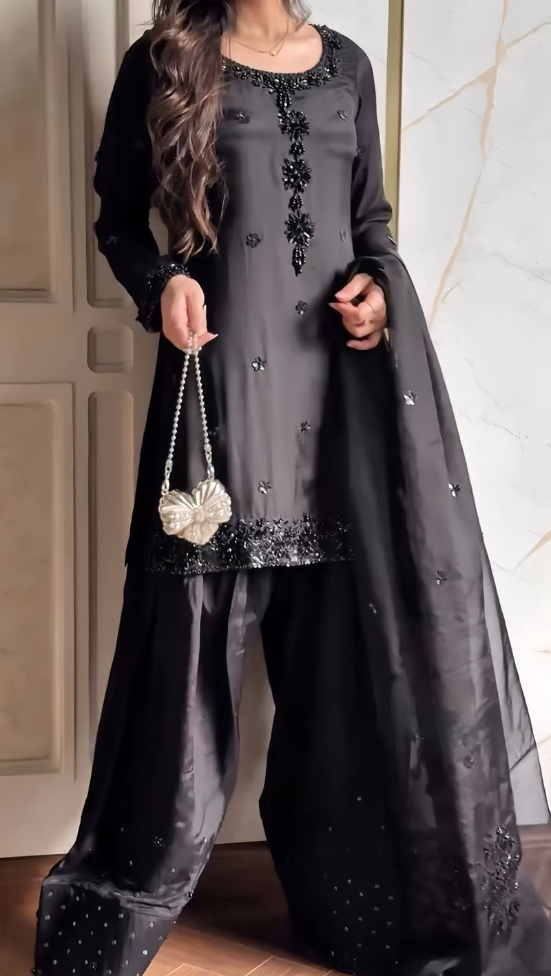 Grace Luxe Black Chermouse Silk fabric 3-Piece Suit