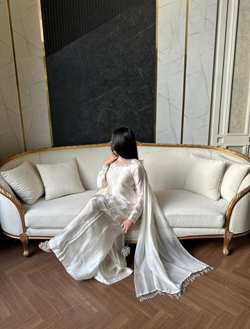 Luxurious Hand-Embroidered Sheesha Silk Fabric 3-Piece Suit